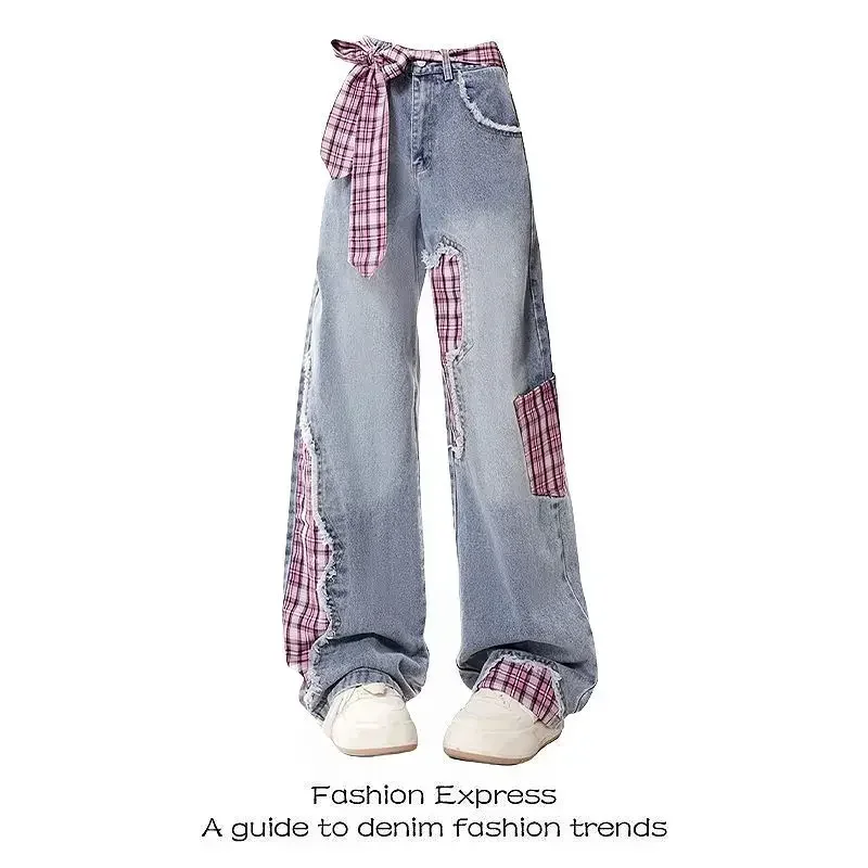 IMU Retro Black Bow Tie Strap Patchwork Jeans Checkered Sweet Women Trouse High Waisted Loose Wide Leg Casual Y2K Denim Pants