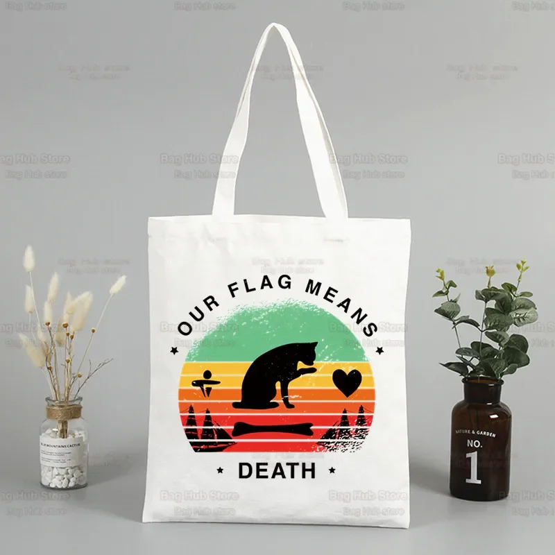 Our Flag Means Death Cat Flag Women Handbags Canvas Tote Shopping Bags Reusable Shopping Bag Eco Foldable