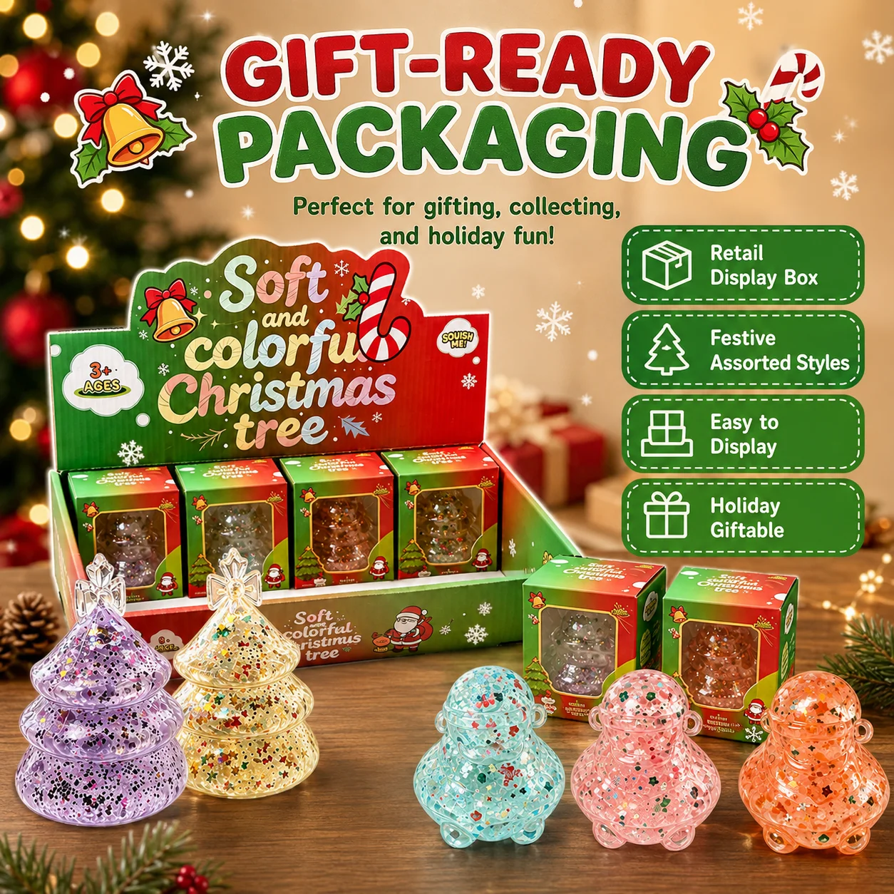 New 2026 Christmas Squishy Toys Cute Glitter Relief Paw Cat Xmas Tree snowman Blind box Toy Christmas Gift Ideas