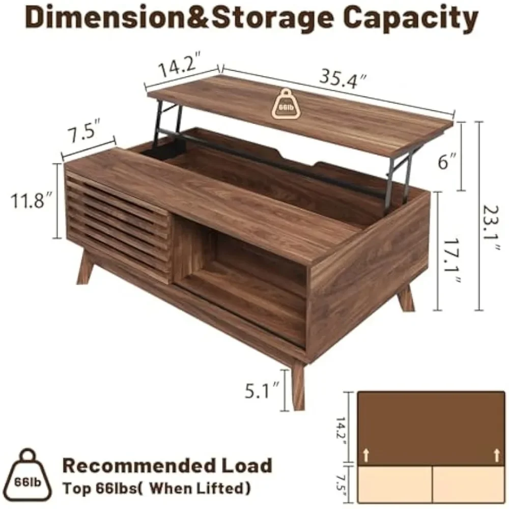 Mid Century Modern Lift Top Coffee Table with Storage, Walnut Living Room Table featuring Sliding Feature