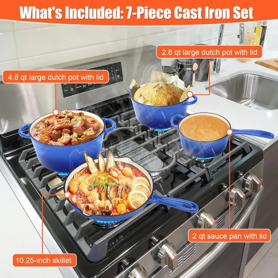 Nonstick Enameled Cast Iron Cookware Set 7Pcs Pots and Pans with Lid Skillet Frying Pan Saucepan and Dutch Oven for All Stoveto