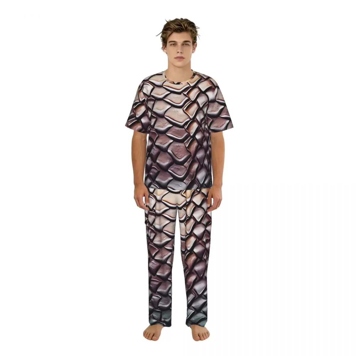 

Мужские повседневные пижамные комплекты: футболка с коротким рукавом и брюки, мужская одежда для сна с принтом под змеиную кожу, домашняя одежда