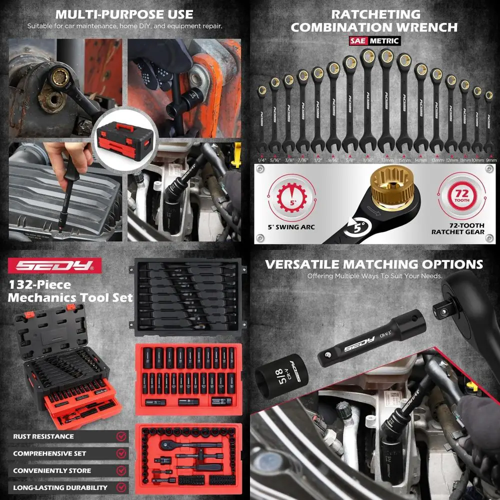 

Complete 132-Piece SAE/Metric Tool Set with 1/4 & 3/8 Drive, Ratchets, Wrenches, and Storage Case for Auto Repair
