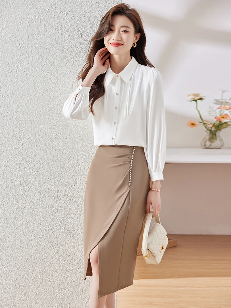

Ele White Chiffon irt Women's Spring 2024 New Faion Stand Collar Unique Design High-End Feel Commute Sle Long Sv...