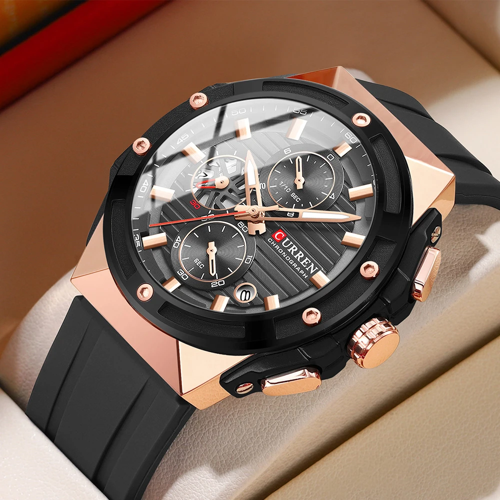 CURREN-Classic Sports Style Quartz Watch for Men, Chronograph Date with Silicone Strap, Fashion Design Dial Wristwatches