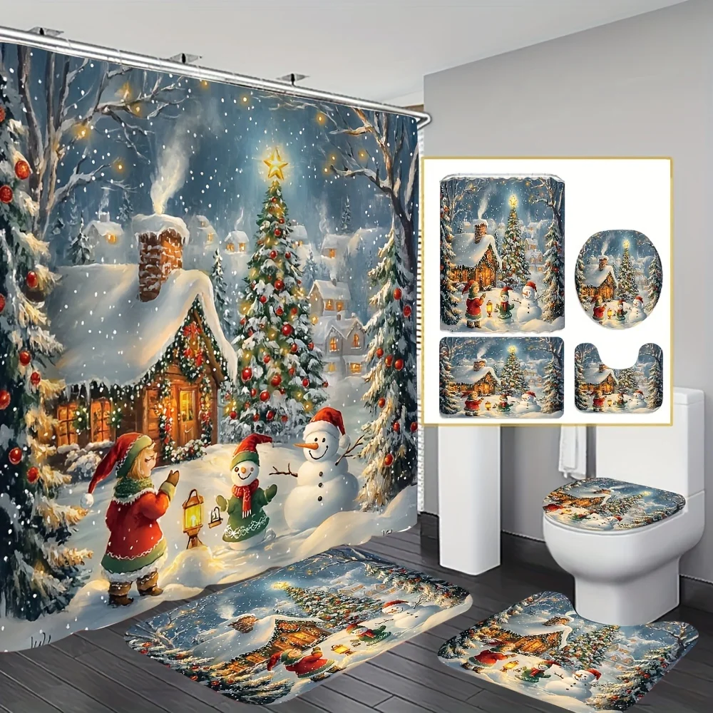 4Pcs Xmas Snowman Bath Set – Premium Printed Liner, Non-Slip Mat, Toilet Cover, 12 Plastic Hooks, Home Bathroom Decor