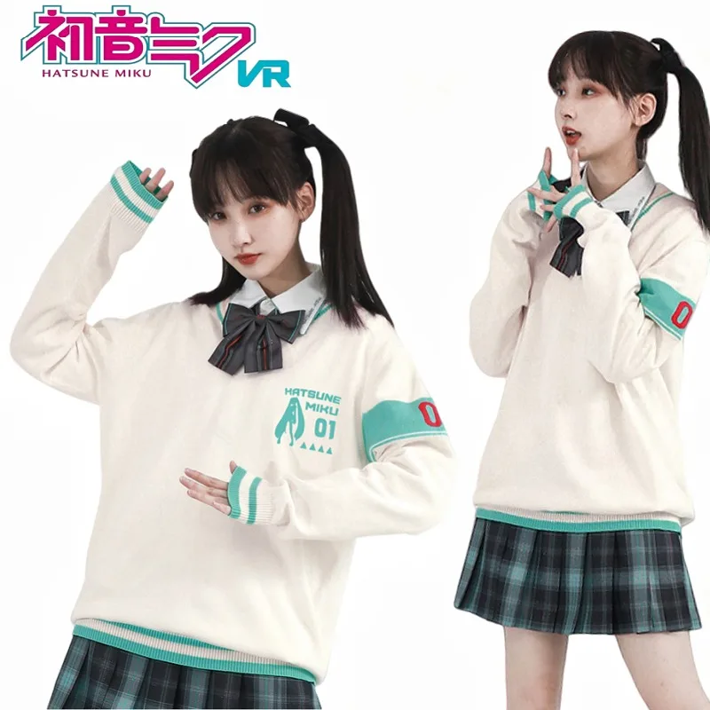 Hatsune Miku V-neck White Long-sleeved Sweater Layer Over A Knitted Top Cute Cartoon Keeps Warm Comfortable Holiday Gifts Girls