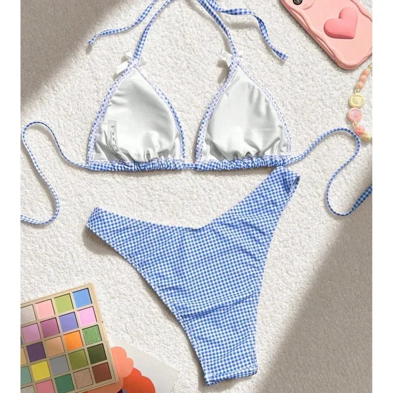 핑크 격자 무늬 섹시한 비키니 여성 수영복 여성 수영복 수영복 수영복 브라질 비키니 세트 Beachwear Pool Bather