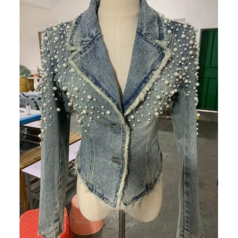 

Women's suit collar retro bead woolen edge denim jacket blazer feminino elegante