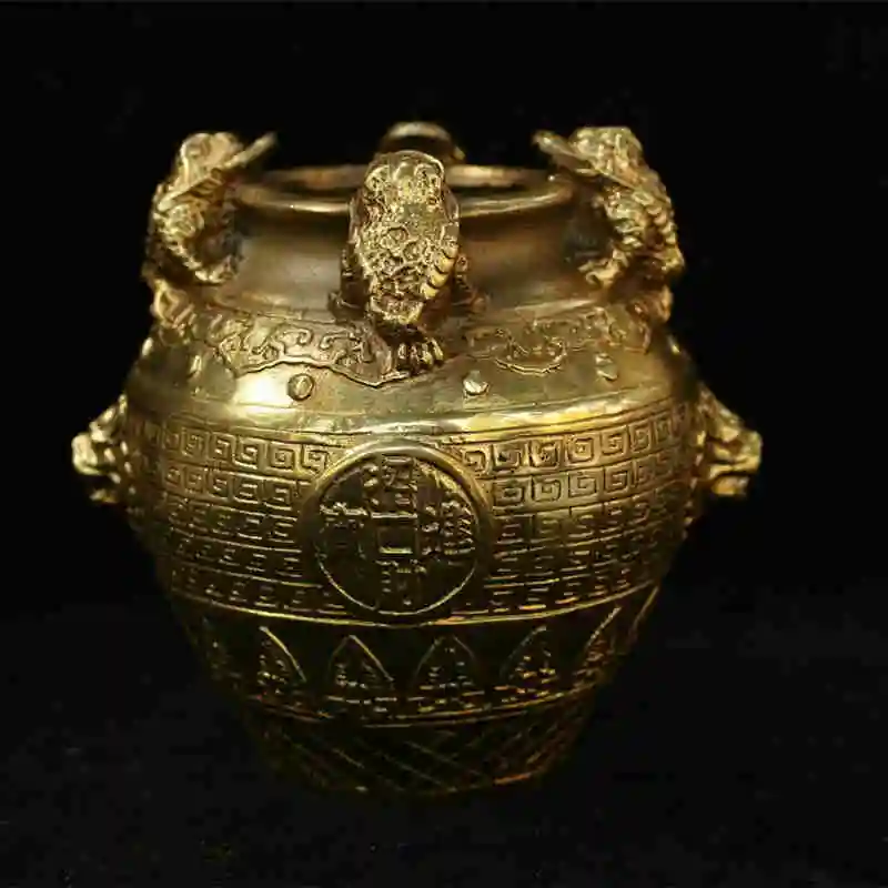 

Chinese Folk Bronze Brass Wealth Lion Golden Toad Spittor Pot Jar Crock Statue Desk Decoration Home Accessories Collection