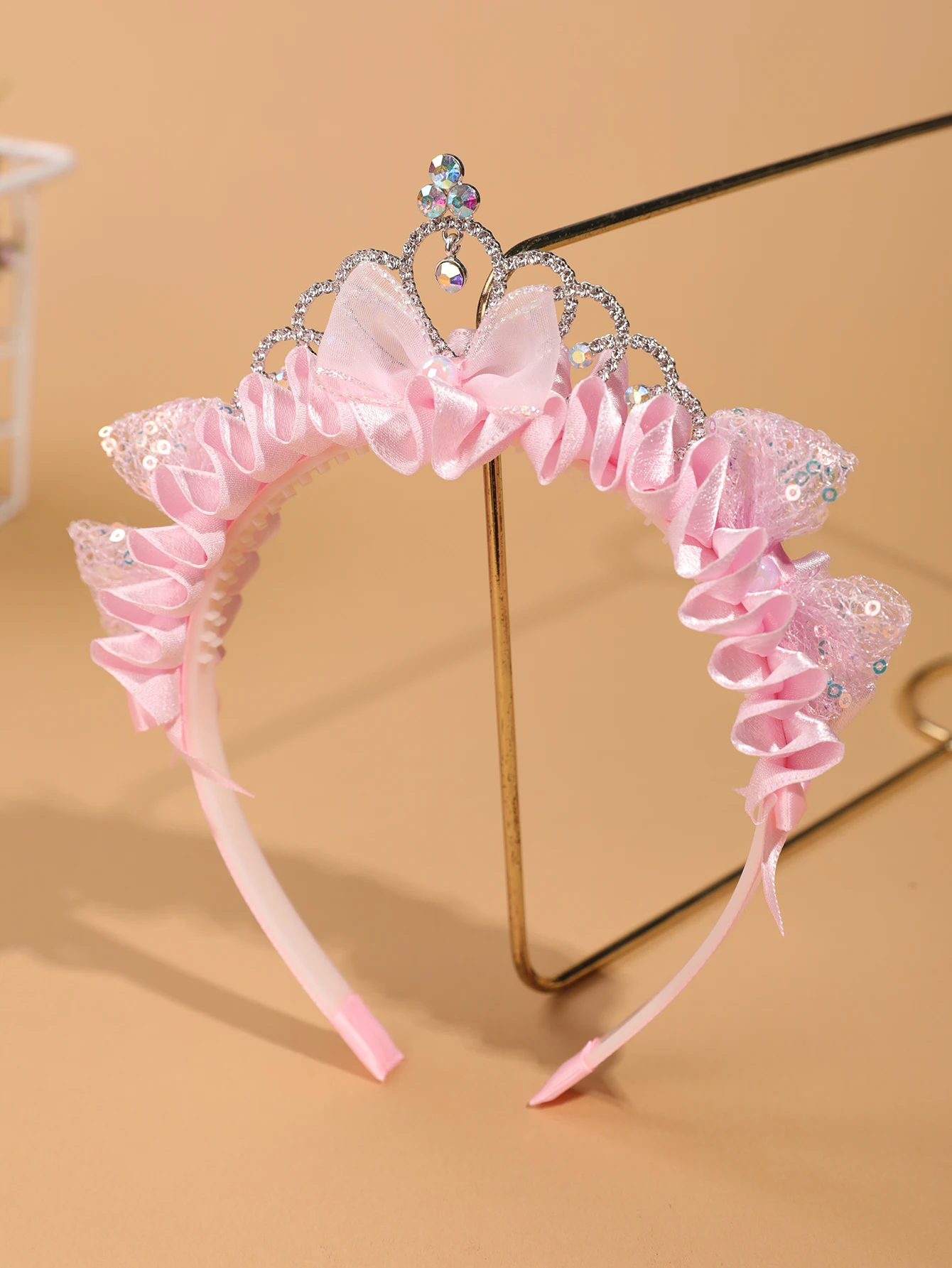 Kinder-Haarreif mit rosa Prinzessinnenkrone – Haarreif mit Pailletten-Katzenohren und Schleife für kleine Mädchen – Kopfschmuck für Geburtstagsfeiern und Aufführungen – Detail 5