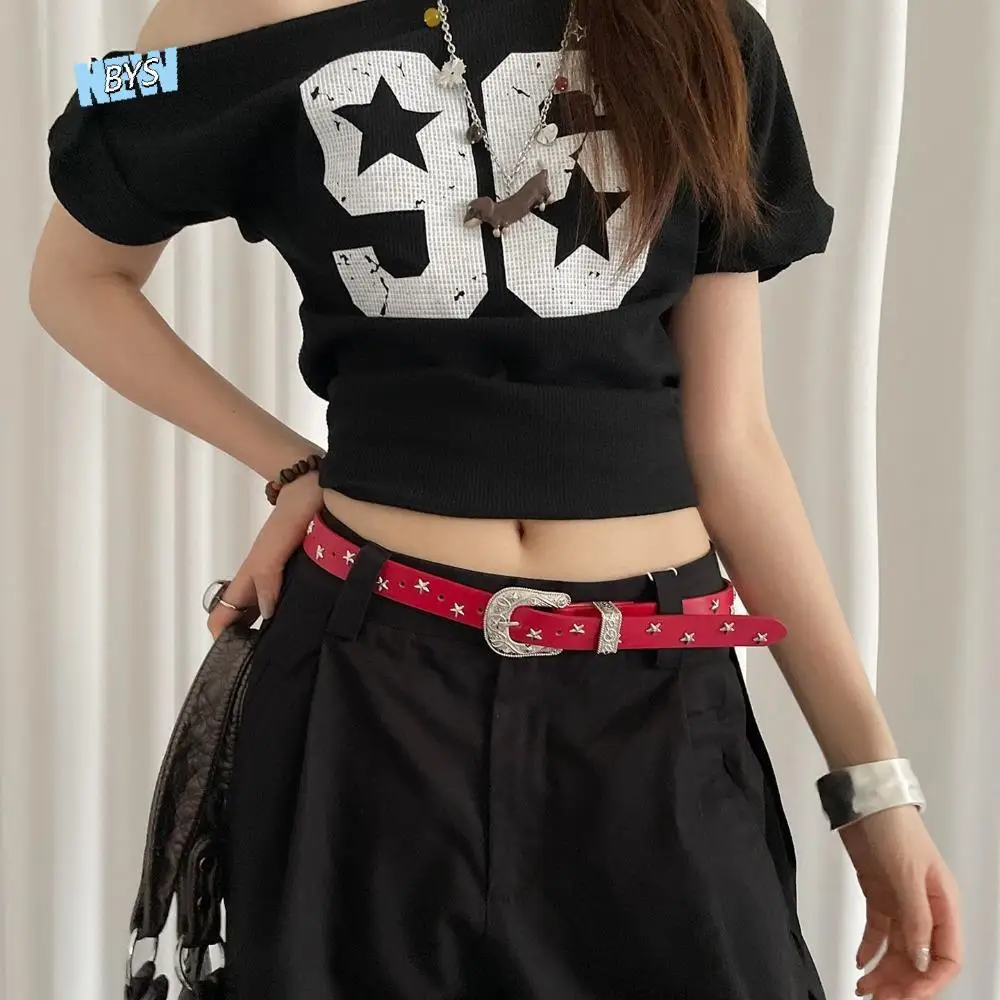 

Punk Star Rivet Waist Belt Jeans Decor Punk Style Y2K Wide Belt American Style Skirt Accessories PU Leather Waistbands Party