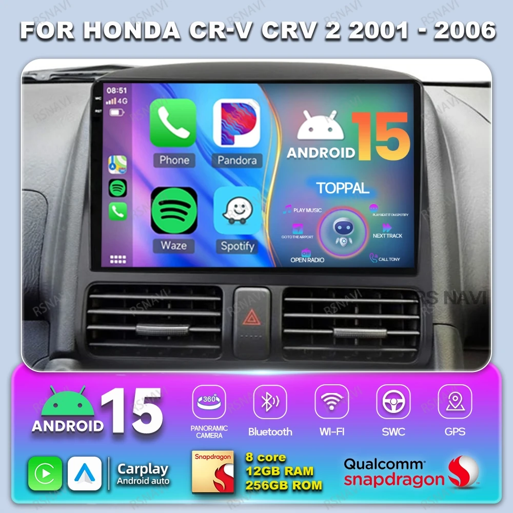 

Android 15 Car Radio For Honda CR-V CRV 2 2001 - 2006 Stereo Multimedia DVD GPS Head Unit Qualcomm QLED Wireless Carplay Auto BT