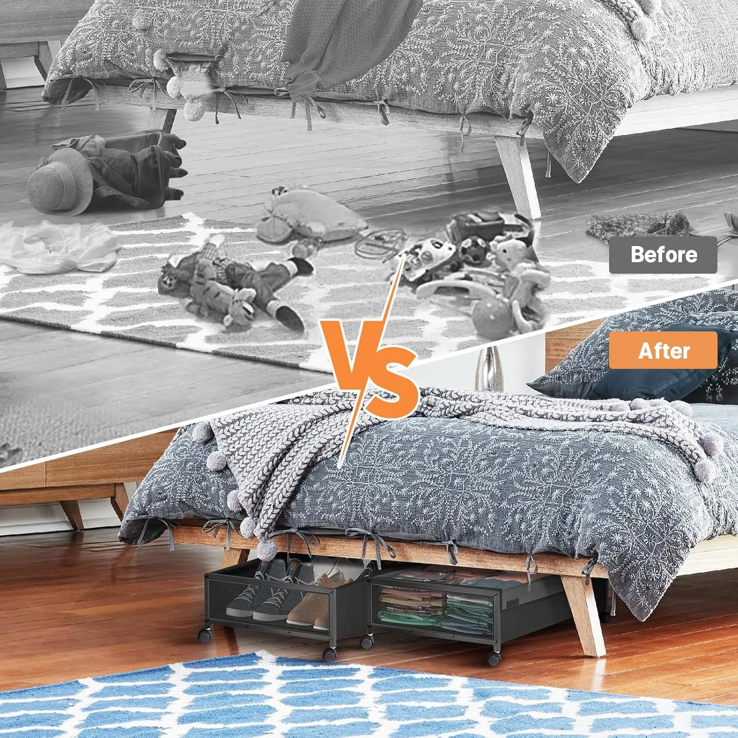 2-Pack Under Bed Storage with Wheels -Rolling Underbed Organizer Containers Drawer Bins