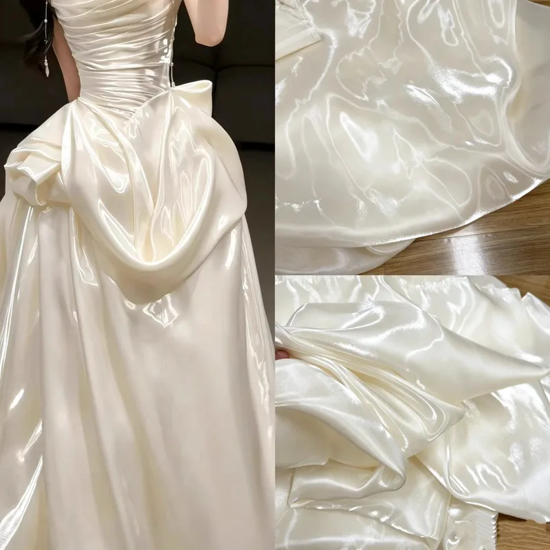 1 Meter Champagne Gold Shiny Glossy Water Ripple Wave Texture Satin Fabric Wedding Dress Background Decoration Material Apparel