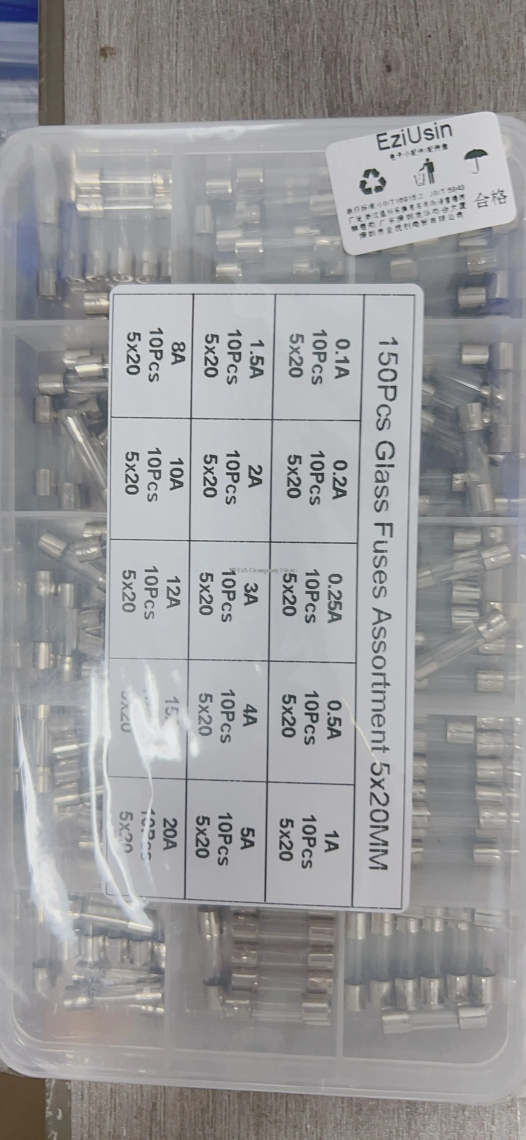 150 box sets of 5x20mm glass fuses with sizes ranging from 0.1A to 20A, including 15 different specifications