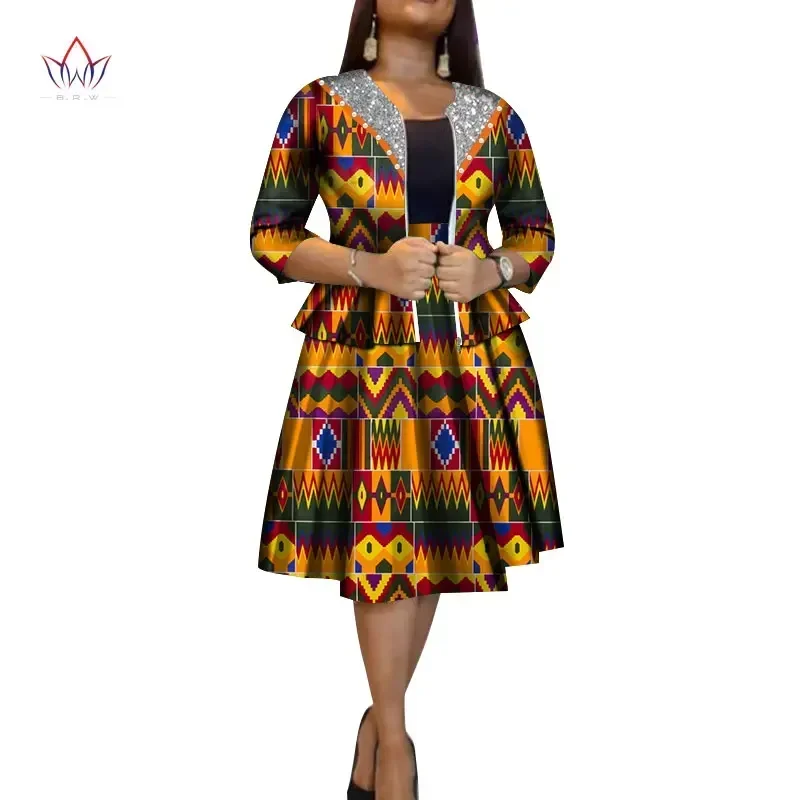 

Bintarealwax Africa Style Two Piece Set for Women Dashiki Crop Top and Skirt African Clothes Bazin Customized Office Sets WY8579