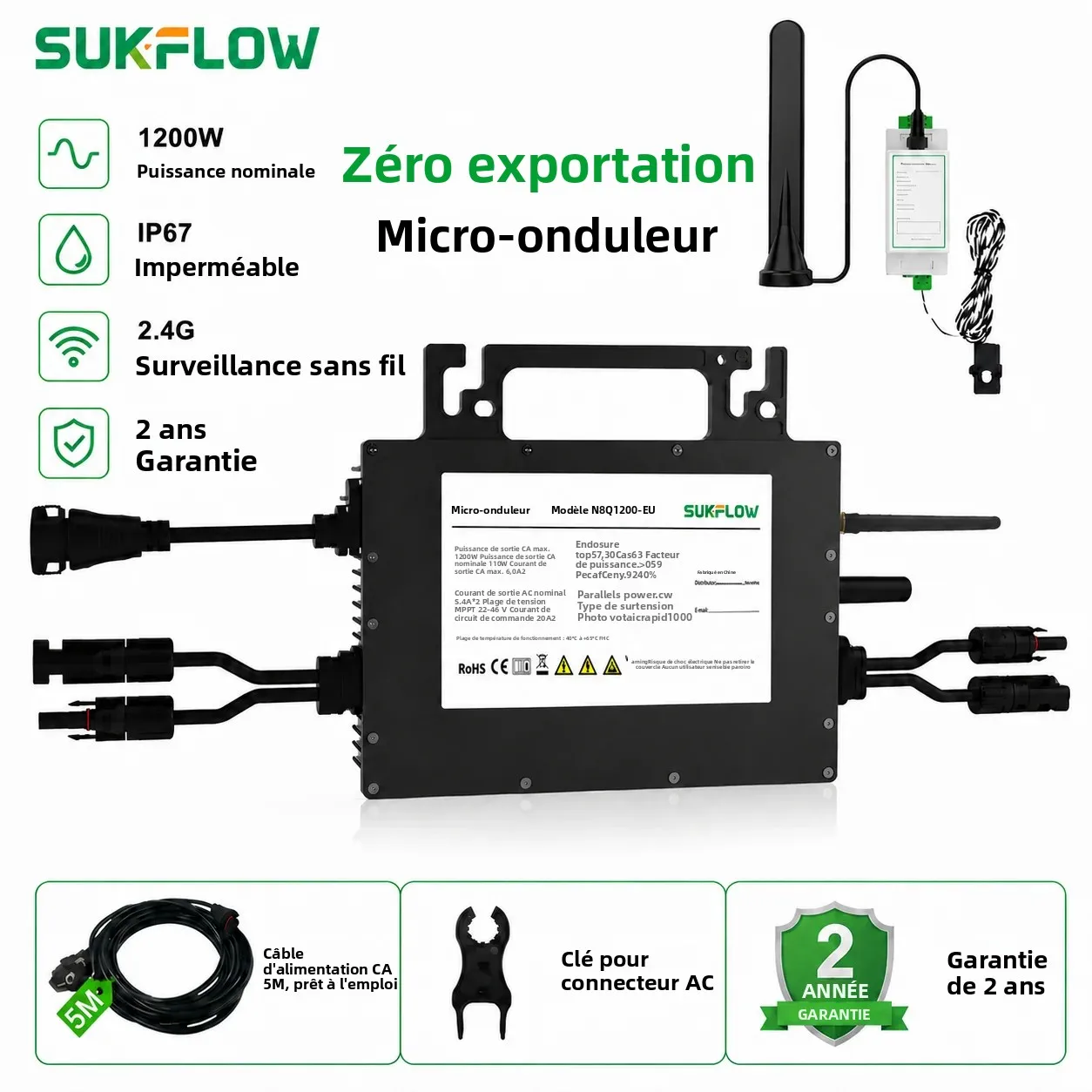 Picture: SUKFLOW Zero Expert 1200W Grid-Tie Microinverter with 5M AC Cable Built-in WiFi & Bluetooth MPPT for Home Energy Savings System