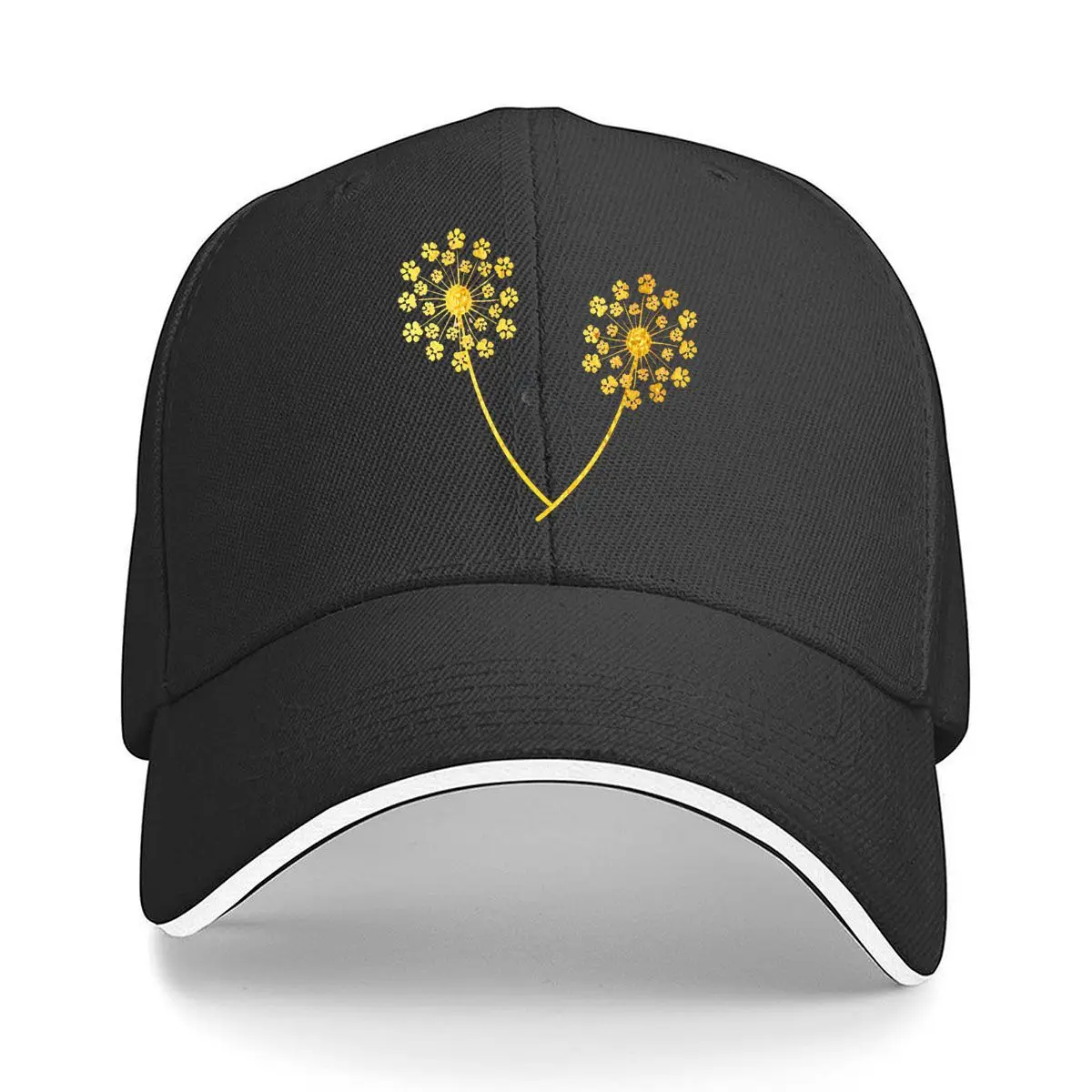 Golden Floral Dandelion Twin Stem Botanical Illustration Hip Hop hat Fashion Outdoor Sports Sandwich Baseball Cap