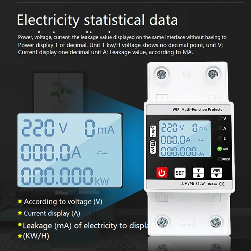 AA08-63A TUYA Wifi Smart Earth Leakage Over Under Voltage Protector Relay Circuit Breaker Energy Powers Kwh Meter