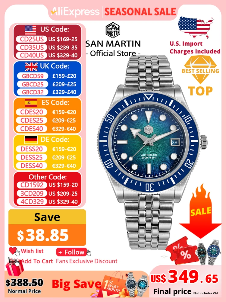 

San Martin 40mm Men's Luxury Diver Watch Miyota 9015 Enamel Sunburst Dial Automatic Mechanical Wristwatch Waterproof 200m SN0148