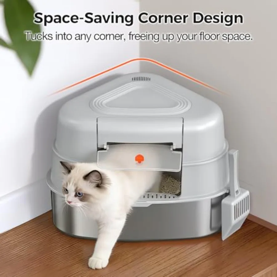 XXL Stainless Steel Corner Cat Litter Box with Lid - Sturdy No Odor Space-Saving Hidden Design for Large Cats view 2