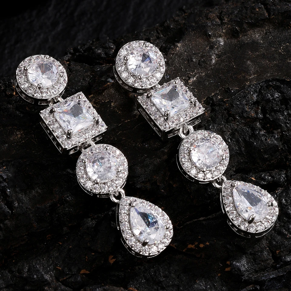 ZAKOL Luxuriöse Elegante Mehrfach-Form Zirkon Lange Hängeohrringe für Damen Rund Quadratisch Tropfenförmig CZ Ohrschmuck Geschenk – Detail 6