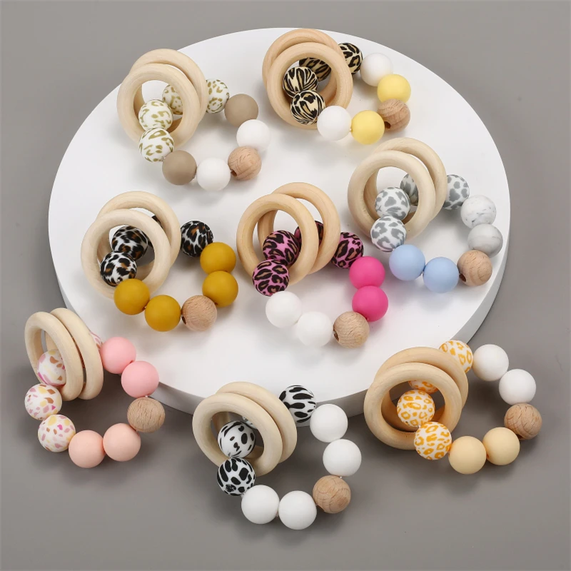 1Pcs Baby Leopard Print Silicone Round Bead Bracelet Beech Wood Teething Round Ring For Baby Nursing Teether Rattle Toy BPA Free