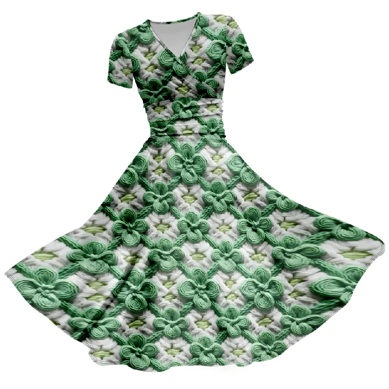 Summer Floral Four-Clover Green Pattern Full Print Casual Waist Short Sleeve Dresses Party Club Dress For Ladies