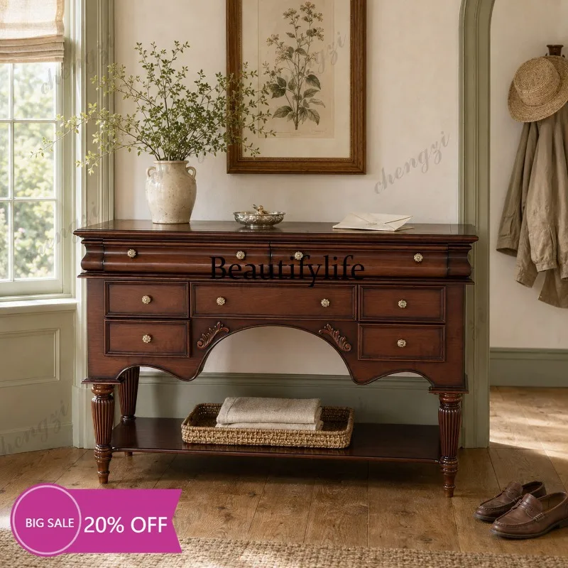 9344 American retro solid wood porch cabinet, side cabinet, carved multi-drawer storage decorative cabinet