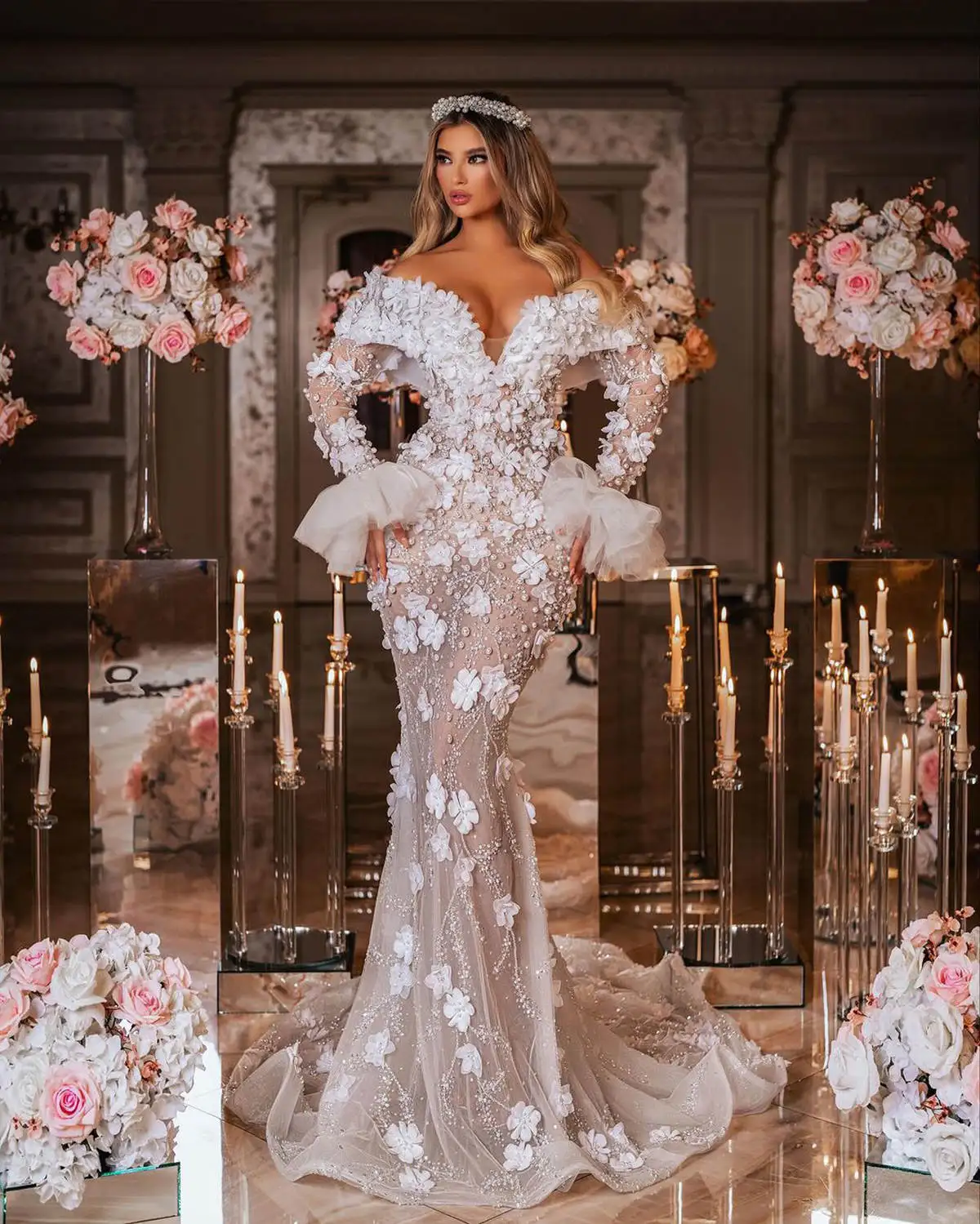 Princess Mermaid Wedding Dresses Pearls 3D-Floral Appliques Pearls Long Sleeve Bridal Gowns Vestido de novia Custom Made