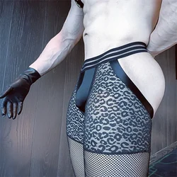 Men's See-through Mesh Open Butt Shorts  Bulge Pouch Leopard Underwear