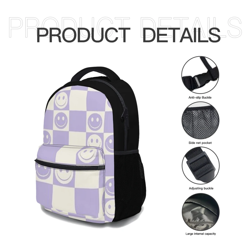 Lilac Check-High Capacity Waterproof College Backpack, Vintage, Feminino, Meninos, Meninas, Laptop, Mochilas escolares, Moda, 17 ", Novo, Moda 