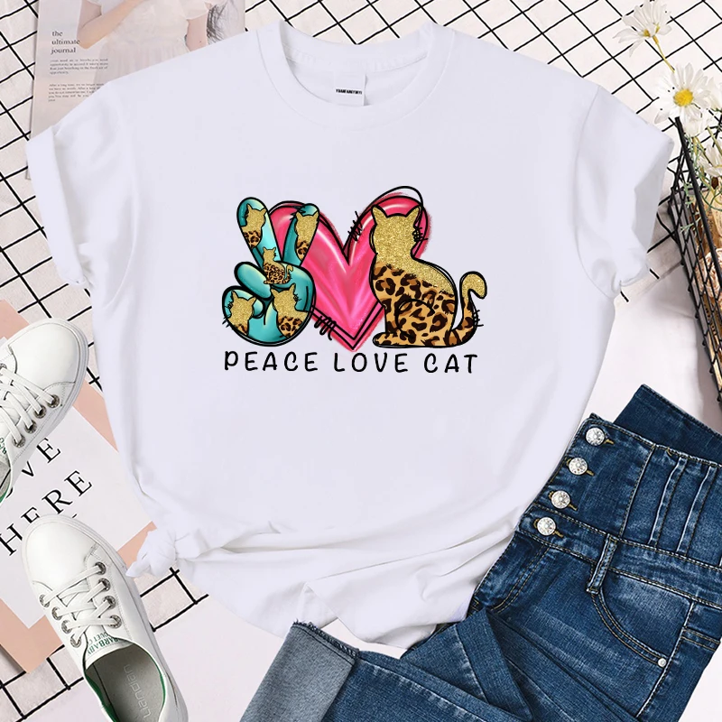 

(Premium T-shirt)Peace Love Cat Letter Printed Women T-Shirts Peace Love Cat Short Sleeve Shirts Summer Round Neck Tee Shirt top