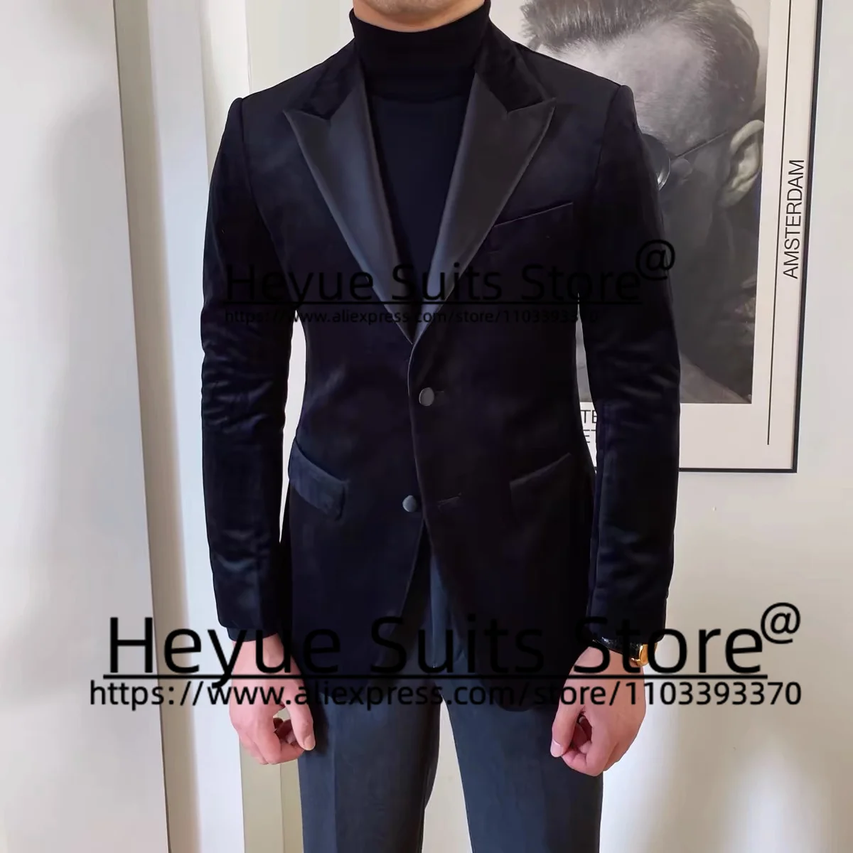 

Black Velvet Luxuly Suits For Men Slim Fit Peak Lapel Groom Wedding Tuxedos Prom 2Pieces Sets Business Male Blazer Costume Homme