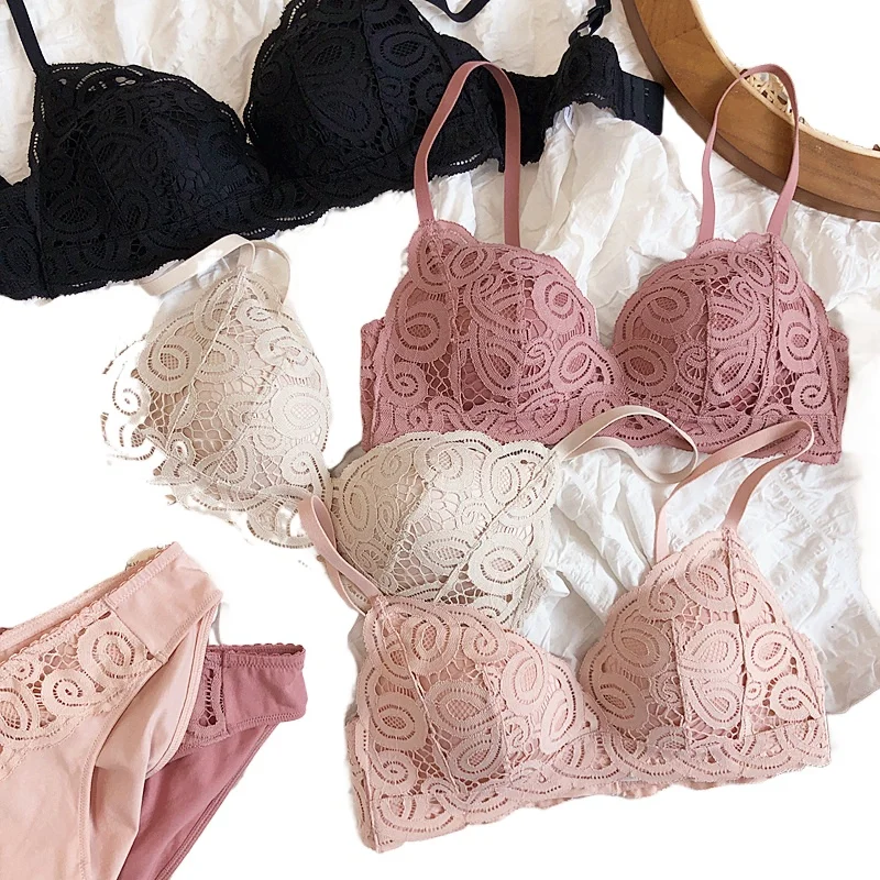

KUCLUT5 Colors Seamless Comfortable Full Lace Sleepwear Bra Sets Sexy Women Underwear Wire Free Push Up Lingerie Suits Intimates