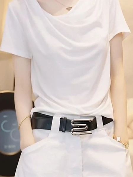 

High-End Women's ort Sve T-irt round Ne Slim Fit Korean Sle Summer Loose Top oulder Width Regular Length Straight