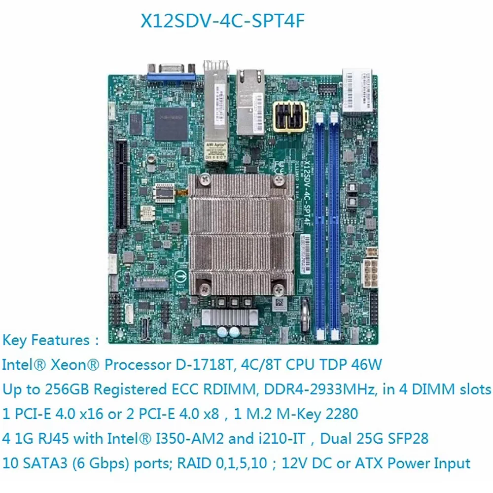 New X12SDV-4C-SPT4F Motherboard For Supermicro Xeon Processor D-1718T DDR4 PCI-E 4.0 SATA3 Mini-ITX High Quality