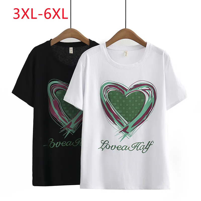 

New 2023 Ladies Summer Plus Size Tops For Women Large Size Short Sleeve O-neck Black Print T-shirt 3XL 4XL 5XL 6XL