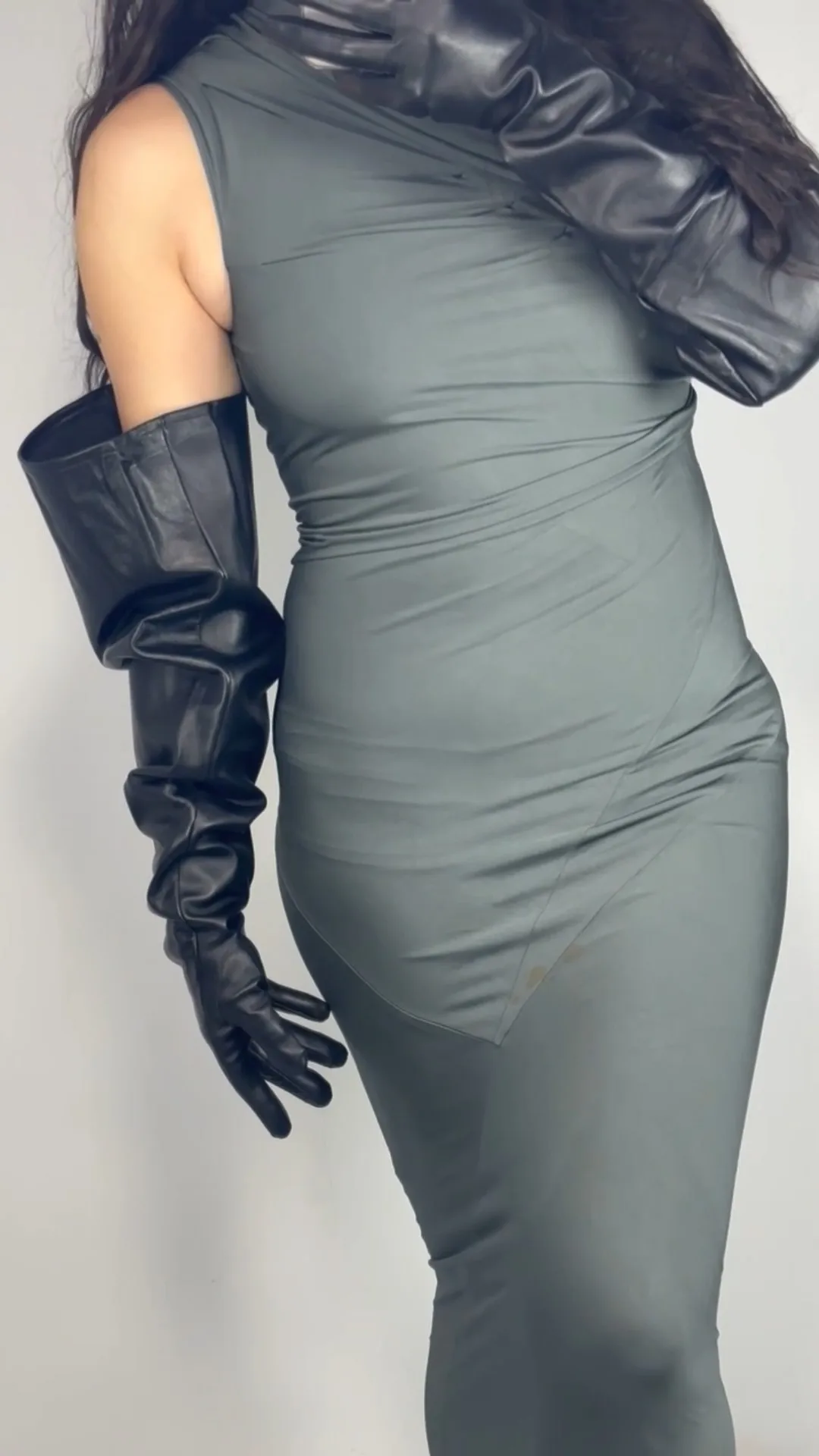 Men's LONG LEATHER GLOVES Black TECH Genuine Lambskin 70cm PUFF SLEEVES Loose Evening Fashion Cosplay Costume Halloween Glove