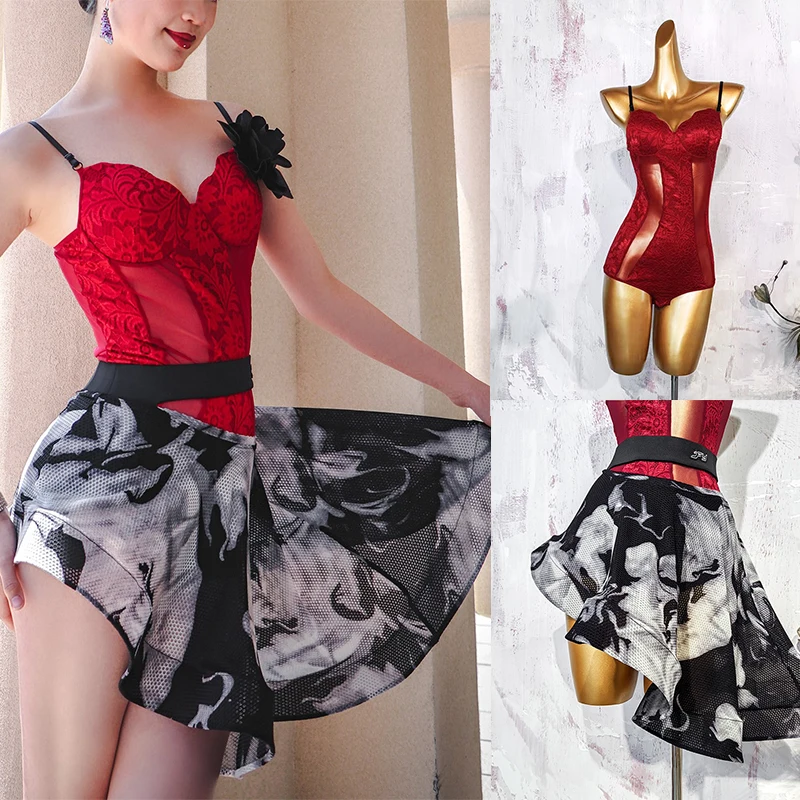 

2025 женские костюмы для латинских танцев, одежда для соревнований, кружевной комбинезон, юбка с принтом «рыбий кости», одежда для танцевальных выступлений, DN21128