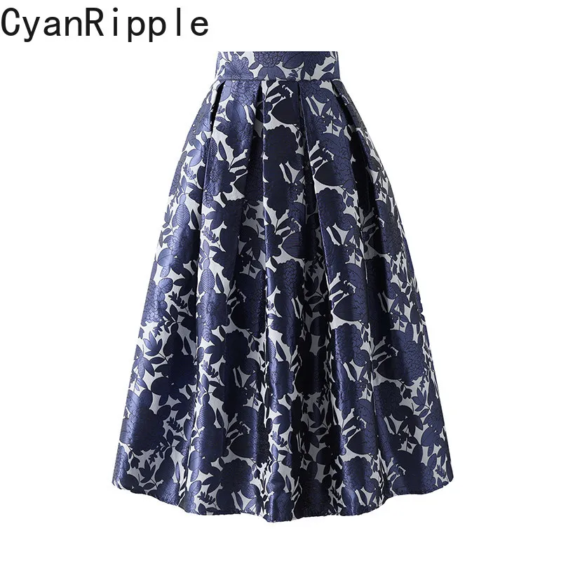 High Quality Vintage Dark Blue Flowers Jacquard Women A-line Skirt New Spring Autumn Elegant High Waist Mid-length Pleated Skirt