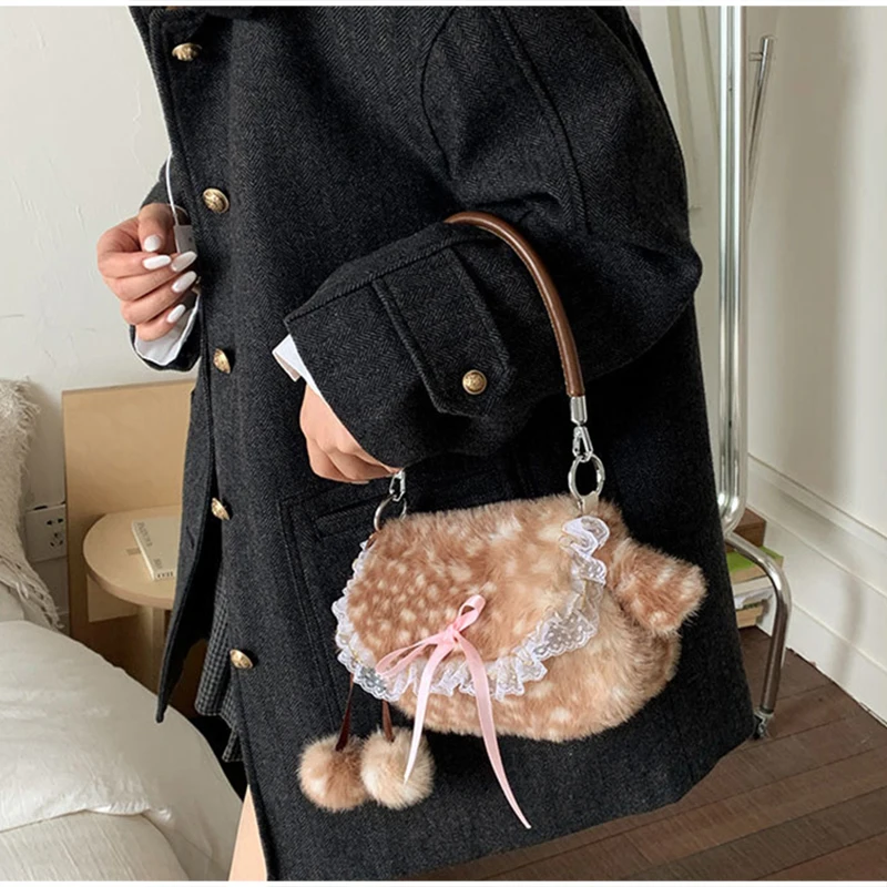 Japanische Hirsch gefleckte Band Plüsch Unterarm Umhängetasche, Mori Girl Elch flauschige Frauen Geldbörse, Winter süße Woodland Fairycore Handtasche – Detail 21