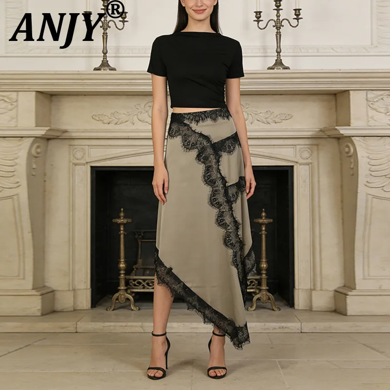 

ANJY 2026 Summer New Women French Style O-Neck Short Sleeve Lace Patchwork Irregular Long Dress Elegant Chic High Street Dresses