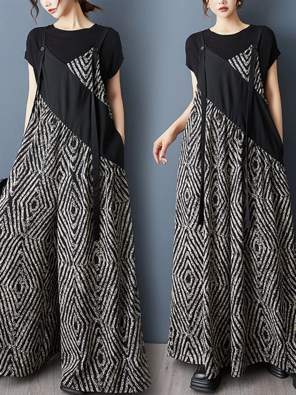 Adjustable Straps Print Contrast Color Blo Casual Faionable One-Piece Wide Leg Pants High Waist Straight Leg Long Pants