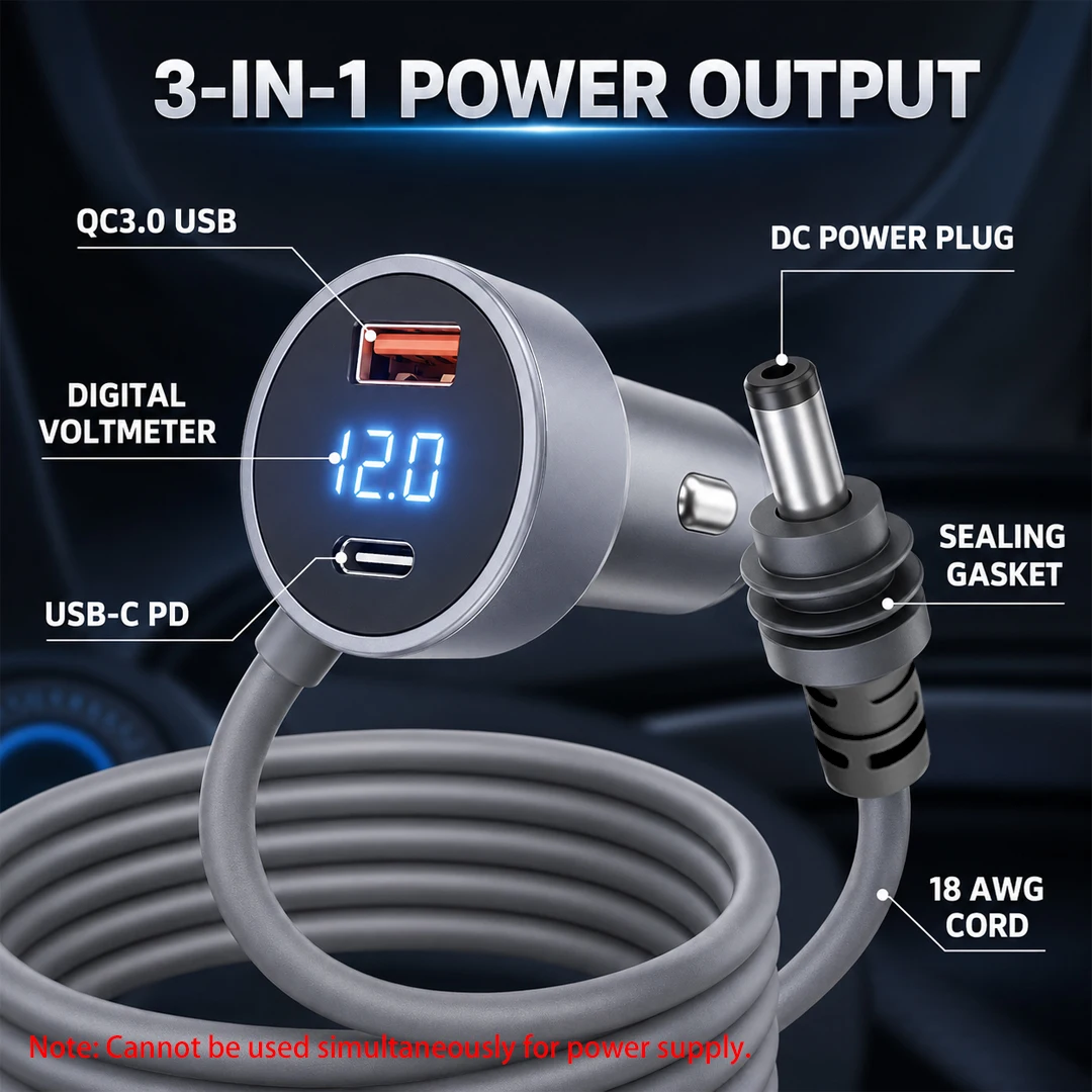 For Starlink Mini 3-in-1 Car Power Cable Cigarette Lighter Charger with Digital Voltmeter QC3.0 USB PD Type-C 12V/24V 18AWG DC P