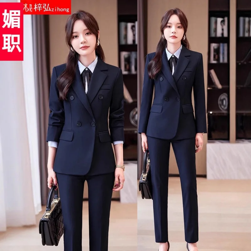 

Navy Blue Women's Suit Set Spring Collection2025New Stylish Hotel Manager Front Desk Professional Work Suit Set