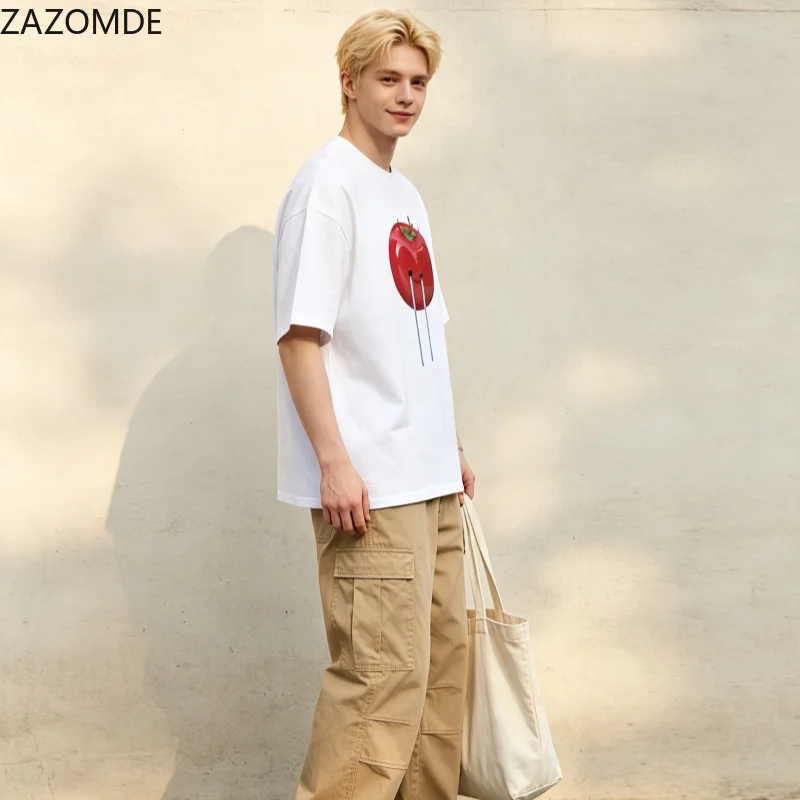 ZAZOMDE Harajuku Crying Tomato Graphic T-Shirt Men Retro Futuristic Funny Vegetable Print Cotton Short Sleeve Casual Street  Top