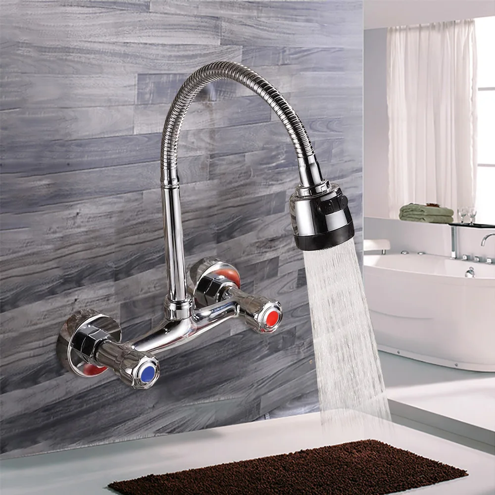 Kitchen Sink Mixer Taps  Silver Swivel Spout Dual Lever 2 Hole Faucet