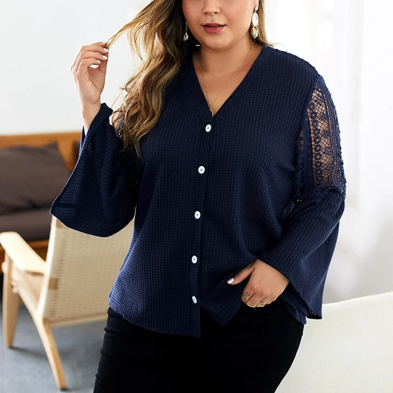 Autumn new plus size casual sweater fashion women's V-neck lace button trumpet sleeve high quality solid color sweater.